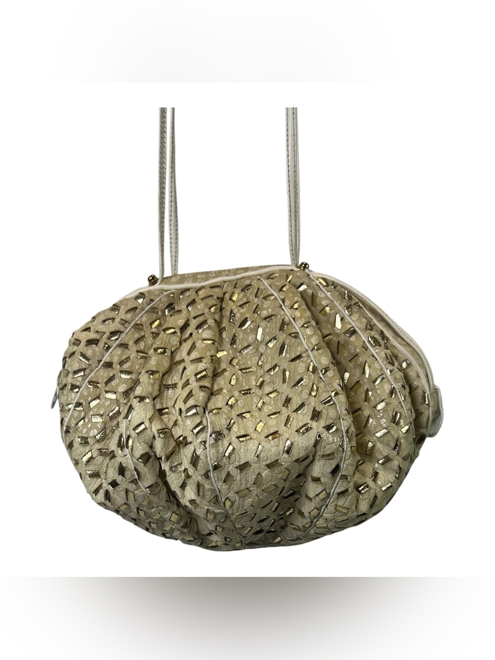 Vintage 1980s Sharif Gold Studded Leather Balloon Crossbody Beige Made IN USA
